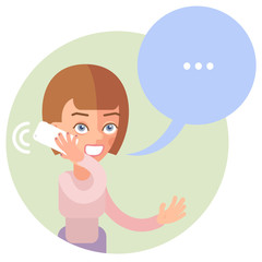 Talking on the phone woman. In the flat style. Speech bubble