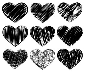 Vector doodle hand-drawn grunge black hearts set