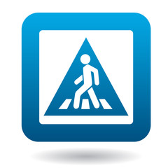 Sign pedestrian crossing icon in simple style in blue square. Rules of the road symbol