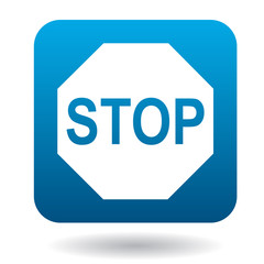 Stop sign icon in simple style in blue square. Rules of the road symbol