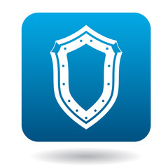 Shield icon in simple style in blue square. Weapon for combat symbol