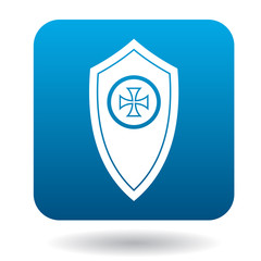 Shield with a cross icon in simple style in blue square. Weapon for combat symbol