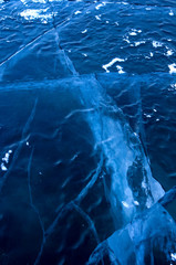 Winter. Ice on the surface of Lake Baikal. Ice thickness of about one meter. Cracks in the ice surface. Ice storm. Used toning of the photo.