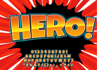 Creative high detail comic font. Alphabet in the style of comics, pop art. Letters and figures for decoration of kids