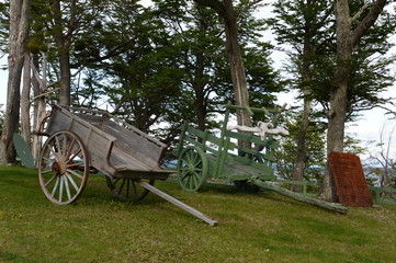 Old wagon settlers in Tierra del Fuego on the shores of Lago Blanco.