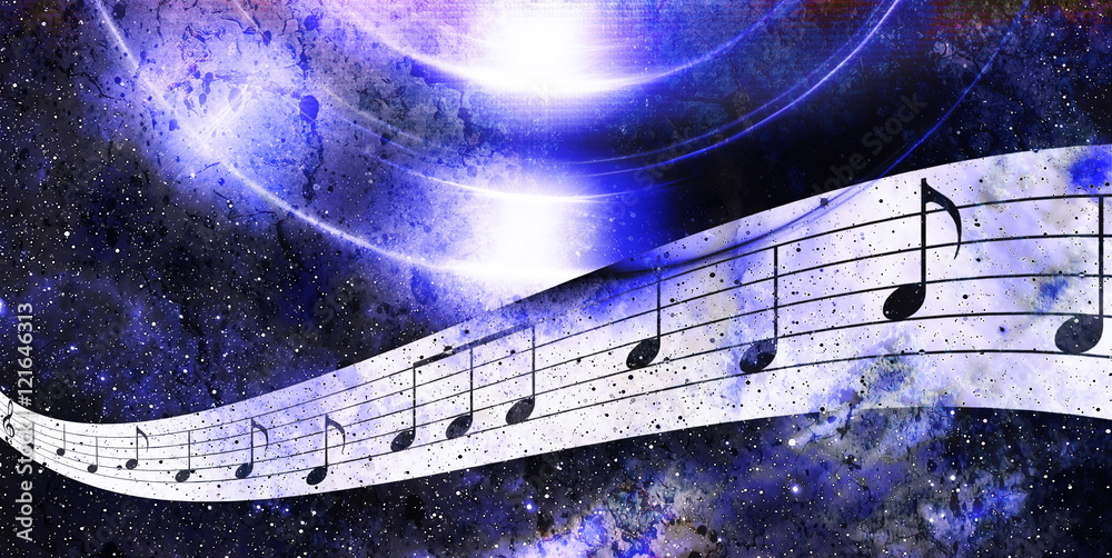 Poster music note and space with stars. abstract color background. music concept.