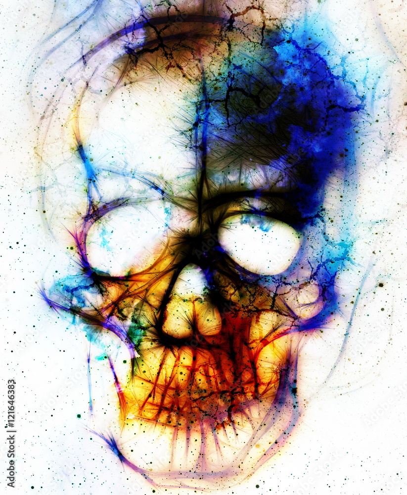 Poster skull and fractal effect. color abstract background, computer collage.