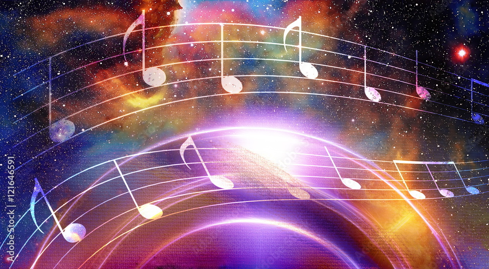 Poster music note and space with stars. abstract color background. music concept.