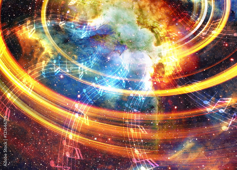 Aufkleber music note and Space and stars with abstrtact color background.