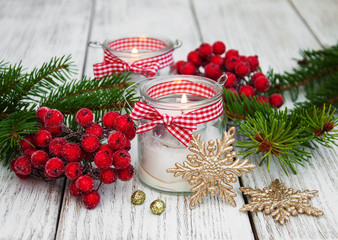  christmas decorations candles in glass jars with fir