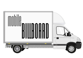 Blank mobile billboard template isolated on white background. White Truck with solid and flat color design.