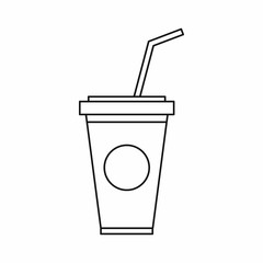 A soft drink in paper cup with lid and straw icon in outline style on a white background