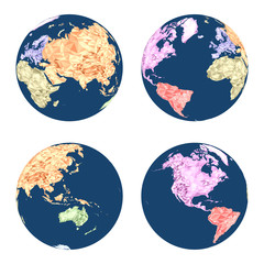 Earth globes in polygonal style colored by continents in different positions