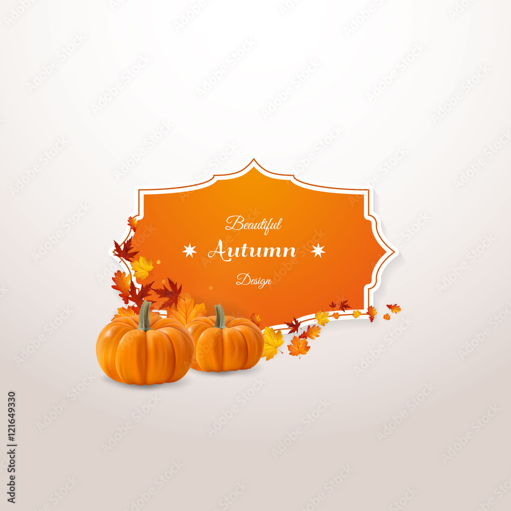 Wall mural vector set of colorful autumn leaves with label design and photorealisit pumpkin vector illustration