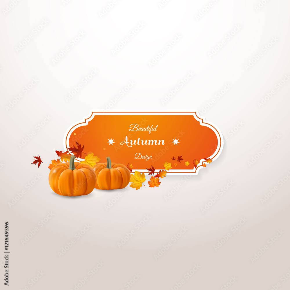 Wall mural vector set of colorful autumn leaves with label design and photorealisit pumpkin vector illustration