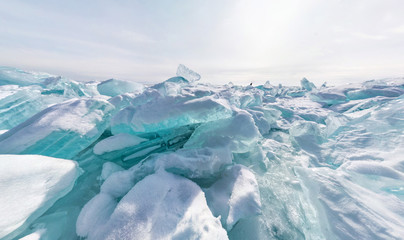 Hummocks of of lake baikal ice in a stretched widescreen format