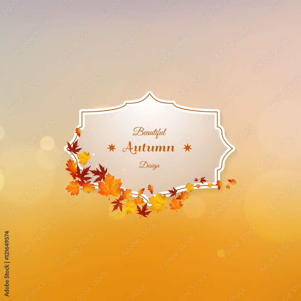 Wall mural vector set of colorful autumn leaves with label design. autumn vector design and bokeh background.