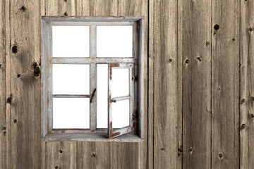 Obraz na płótnie Canvas Holzwand mit altem Fenster freigestellt