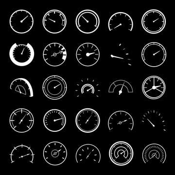 Speedometer Icons Set - Isolated On Black Background - Vector Illustration, Graphic Design. For Web, Websites, Print Material, Template