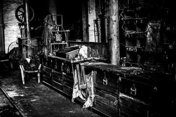 Old workshop interior black and white