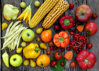 Fototapeta na wymiar red, yellow vegetables and fruits