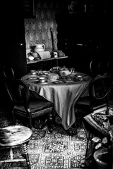 Old cottage interior black and white