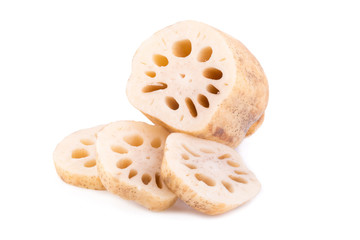 fresh lotus root with slices isolated on white background