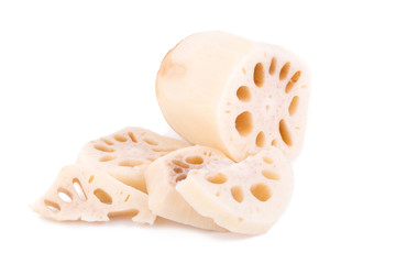 fresh lotus root with slices isolated on white background