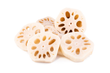fresh lotus root with slices isolated on white background