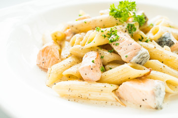 Penne carbonara pasta with salmon