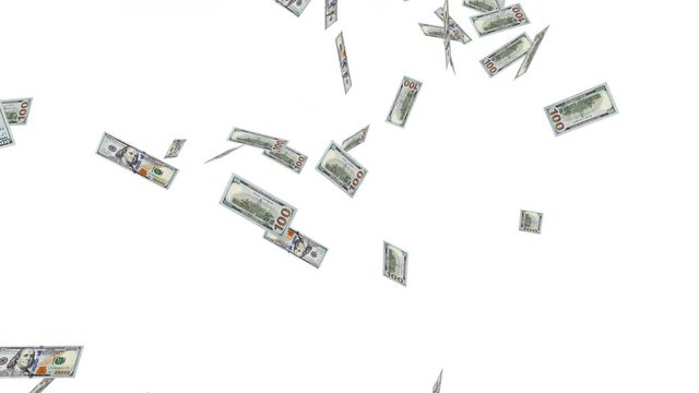 New One Hundred Dollar Bills Falling / Raining Down on White Background