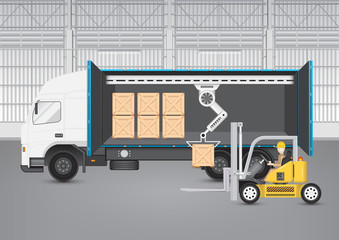 Vector of factory interior and operator or worker to sort crate box into storage of cargo container by forklift, robotic hand for logistic, shipping, delivery. Freight transport distribution industry.