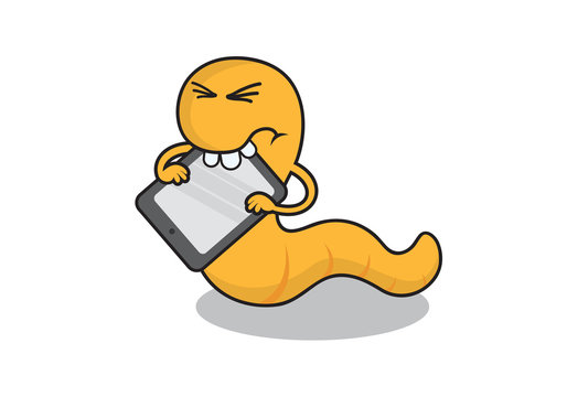 Bookworm eats a ebook reader icon vector. Funny Bookworm with digital medium cartoon character. Humorous worm icon isolated on a white background