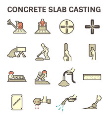 Fototapeta premium Concrete slab and epoxy floor finishing construction and repair vector icon set consist of worker, machine equipment i.e. power trowel to casting, screed, grinding and leveling by builder, contractor.
