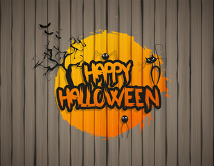 Happy Halloween design on wooden background - vector background

