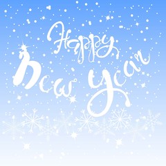 White lettering Happy New Year on blue sky background, white snow-flakes, vector illustration