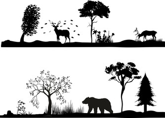 Vector - set of monochrome vector landscapes wildlife, forest