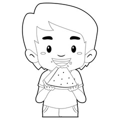Coloring Book Outlined Boy eating Watermelon
