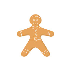 Christmas Gingerbread Man Decorated White Icing and Cream, Cookie Gingerbread Man Isolated on White Background , Happy New Year Festive Biscuit Man, Christmas Decoration, Vector Illustration