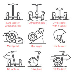 Vector thin line icons set with modern and fashionable transport. Self-balancing electric scooters for travel and tourism. For infographics, UX UI kit, web design mobile prototypes and more.