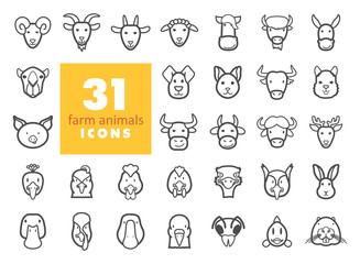 Farm animals outline icons set. Vector head