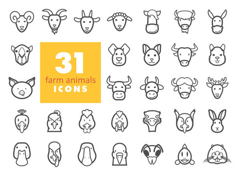 Farm animals outline icons set. Vector head