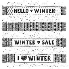 Winter Special banner or label with knitted woolen scarves. Business seasonal shopping concept sale. - 121655519
