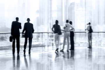 group of people in the lobby business center and blue tonality