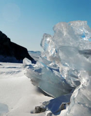 transparent pieces of ice on the surface of the iced pond. Baikal lake. Photo toned. fantastic view