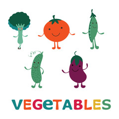 Adorable vegetable cartoon characters set. Happy eggplant, broccoli, cucumber, tomato and green peas