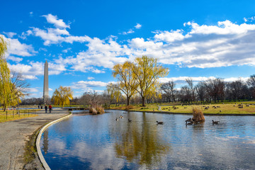 Washington DC, USA. Vista panoramica del Washington Monument dal Constitution Gardens.