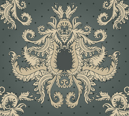 Seamless pattern with beige flowers on dark green background