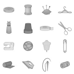 Tailoring icons set in black monochrome style. Sewing and needlework set collection vector illustration