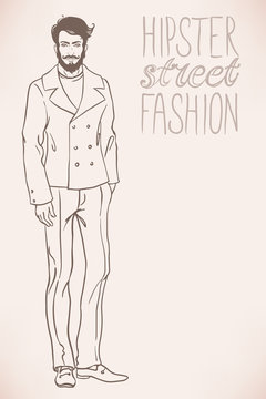  Hipster fashion trendy men. Full length vector portrait.